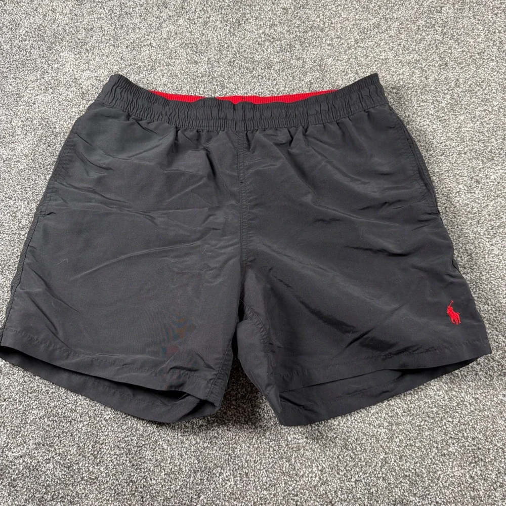 Polo Ralph Lauren Swim Trunks Medium Black Red Pony Embroidered Mesh Lined Nylon